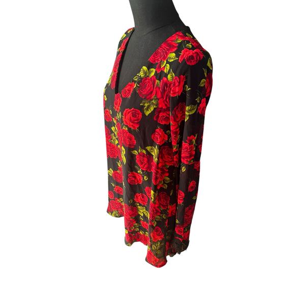 Forever 21 Black & Red Rose Bell Sleeve Top with Lace, Size Small - Picture 2 of 5